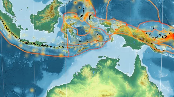 Placa Tectónica Timor Delineada Mapa Topográfico Global Relieve Proyección Mollweide —  Fotos de Stock