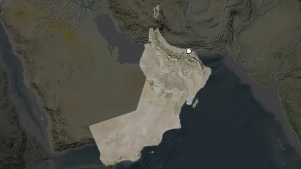 Виділена Територія Оману Капіталом Спустошеній Карті Його Околиць Супутникові Зображення — стокове фото