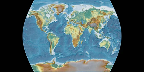 Světová Mapa Projekci Times Atlas Soustředila Východní Délky Topografická Reliéfní — Stock fotografie