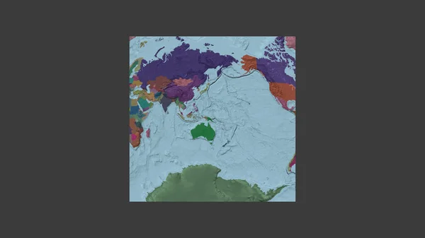 パプアの領土を中心とした斜めのヴァン グリンテン投影で世界の大規模な地図の正方形のフレーム 行政庁のカラーマップ — ストック写真