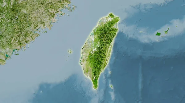 卫星A上的台湾地区立体投影地图 具有发光轮廓的栅格层的原始组成 — 图库照片