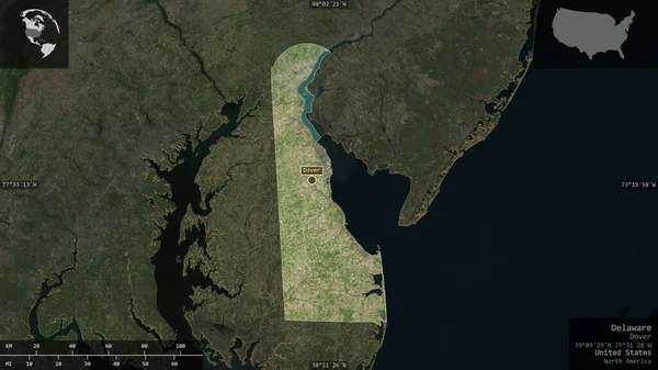 Delaware, state of United States. Satellite imagery. Shape presented against its country area with informative overlays. 3D rendering