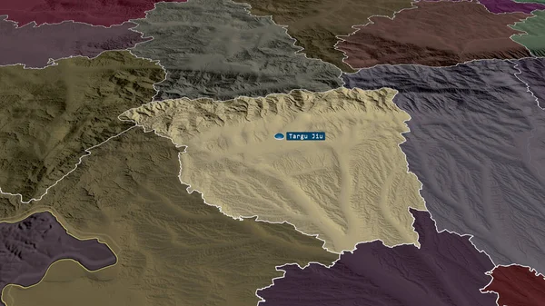 Gorj Contea Romania Ingrandita Evidenziata Con Capitale Mappa Colorata Urtata — Foto Stock