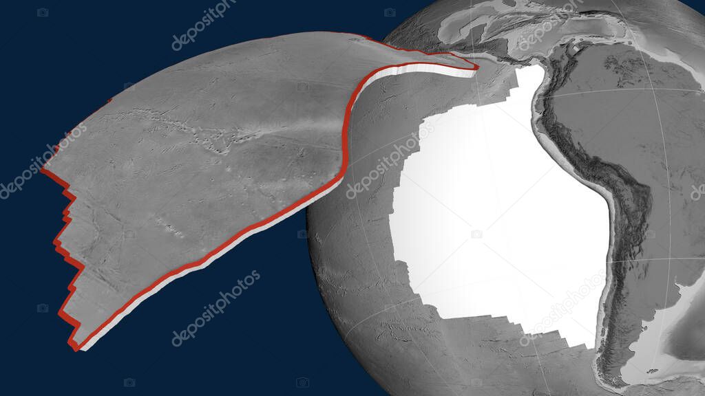 Nazca tectonic plate extruded and presented against the globe. grayscale elevation map. 3D rendering