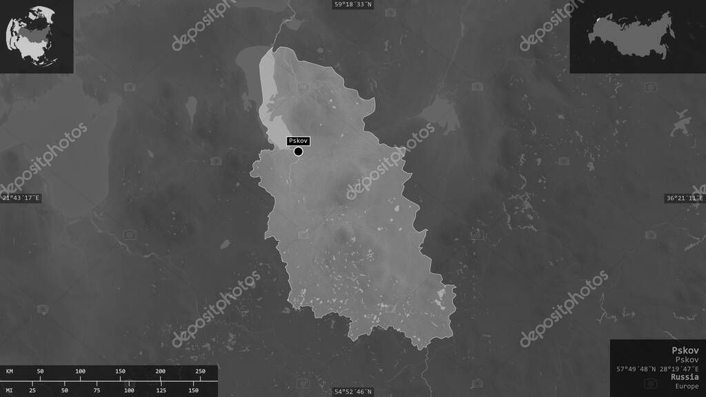 Pskov Region Of Russia Grayscaled Map With Lakes And Rivers Shape Presented Against Its Country Area With Informative Overlays 3d Rendering 385658074 Larastock