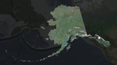 Amerika Birleşik Devletleri 'nin vurgulanmış bölgesi, başkent noktası ve semtinin doymamış haritasında etiketi olan Alaska. Uydu görüntüleri