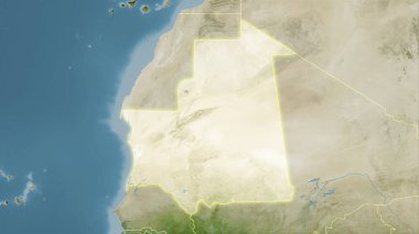 Stereografik projeksiyondaki B uydusu haritasında Moritanya alanı - ışık saçan ana hatlı raster tabakalarının ham bileşimi