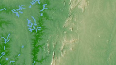 Kara, Togo bölgesi. Gölleri ve nehirleri olan renkli gölge verileri. Ülke alanına göre şekillendirilmiş. 3B görüntüleme
