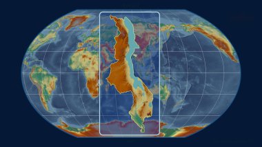Kavrayskiy projeksiyonundaki küresel bir haritaya karşı perspektif çizgileriyle Malawi ana hatlarını yakınlaştırdım. Şekil merkezli. topografik yardım haritası