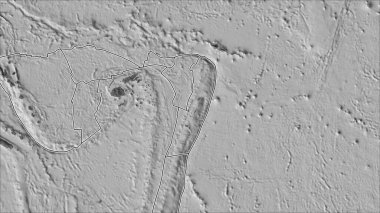 Tektonik plakalar, Tonga plaka alanına komşu bölgelerin bilek yüksekliği haritasında yer almaktadır. Van der Grinten I yansıması (eğik dönüşüm)
