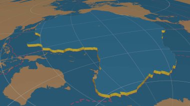 Pasifik tektonik plakası genişletildi, dışarı çıkarıldı ve sadece küresel şekillerin güneyine doğru döndürüldü - Azimuthal Equidistance projeksiyonunda karadan / okyanus maskesi ile kaplanmış levhaların kenarları. 3B görüntüleme