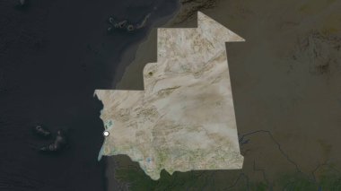 Moritanya 'nın vurgulanmış bölgesi. Mahallesinin doyumsuz haritasında sermaye noktası var. Uydu görüntüleri