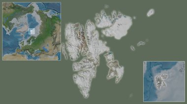 Svalbard 'a ve bölgedeki konumuna ve büyük ölçekli bir dünya haritasının merkezine yakın çekim. Uydu görüntüleri