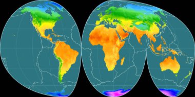 Mollweide (Kıtalar) 'daki dünya haritası 0 Doğu boylamında merkez alınmıştır. Ortalama yıllık sıcaklık haritası - gratikül ve tektonik levhalar kenarlı raster bileşimi. 3B illüstrasyon