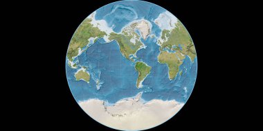 Van Der Grinten projeksiyonundaki dünya haritası 90 Batı boylamı üzerine kuruludur. Uydu görüntüsü B - Raster 'ın nadide ve memnuniyet verici bileşimi. 3B illüstrasyon