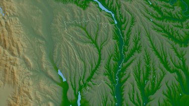 Vaslui, Romanya Bölgesi. Gölleri ve nehirleri olan renkli gölge verileri. Ülke alanına göre şekillendirilmiş. 3B görüntüleme