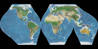 World map in the Mcbryde (Continents) projection centered on 0 East longitude. Satellite imagery A - composite of raster with graticule and tectonic plates borders. 3D illustration clipart