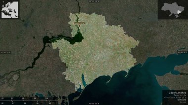 Zaporizhzhya, Ukrayna bölgesi. Uydu görüntüleri. Ülke alanına karşı bilgilendirici örtülerle sunulan şekil. 3B görüntüleme