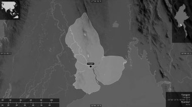 Yangon, Myanmar Bölüğü. Gölleri ve nehirleri olan gri tonlu bir harita. Ülke alanına karşı bilgilendirici örtülerle sunulan şekil. 3B görüntüleme