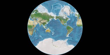 Lambert-Lagrange projeksiyonundaki dünya haritası 170 Batı boylamında merkez alınmıştır. Uydu görüntüleri A - Raster 'ın nadide bileşimi. 3B illüstrasyon