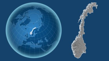 Norveç. Yakınlaştırılmış haritaya karşı ülkenin şekline sahip dünya mavi arka planda izole edilmiş. Gri tonlama yükseklik haritası