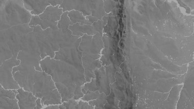 Perma, Rusya toprakları. Gölleri ve nehirleri olan gri tonlu bir harita. Ülke alanına göre şekillendirilmiş. 3B görüntüleme