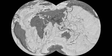 Maurer Full Globular projeksiyonunun dünya haritası 90 Doğu boylamı üzerine kuruludur. Çift katmanlı topoğrafik harita. Raster 'ın ham kompozitosu. 3B illüstrasyon