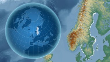 İsveç. Zoom haritasına karşı ülkenin şekline sahip bir dünya. topografik yardım haritası