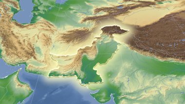 Pakistan ve mahallesi. Uzak eğimli perspektif - şekil parlıyordu. renk fiziksel haritası