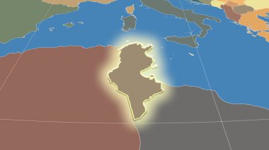 Tunus ve mahallesi. Uzak eğimli perspektif - şekil parlıyordu. idari bölümlerin renk haritası