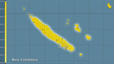 Mean temperature of warmest quarter within the New Caledonia area in the stereographic projection with legend - main composition clipart