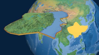 Yangtze tektonik plakası yayıldı ve dünyaya karşı sunuldu. Doğal dünya topografik haritası. 3B görüntüleme