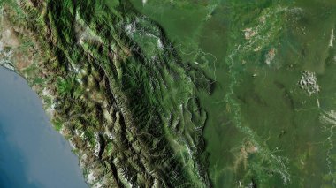 San Martin, Peru bölgesi. Uydu görüntüleri. Ülke alanına göre şekillendirilmiş. 3B görüntüleme