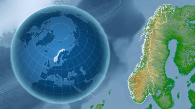 Norveç. Zoom haritasına karşı ülkenin şekline sahip bir dünya. renk fiziksel haritası