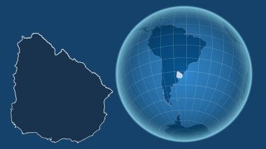 Uruguay. Yakınlaştırılmış haritaya karşı ülkenin şekline sahip dünya mavi arka planda izole edilmiş. Sadece şekiller - kara / okyanus maskesi