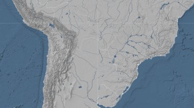 Paraguay ve mahallesi. Uzak eğimli perspektif - özet yok. Gri tonlama yükseklik haritası