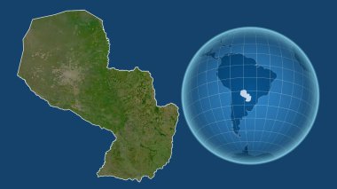 Paraguay. Yakınlaştırılmış haritaya karşı ülkenin şekline sahip dünya mavi arka planda izole edilmiş. uydu resimleri