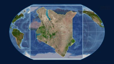 Kenya 'nın, Kavrayskiy projeksiyonundaki küresel haritaya karşı perspektif çizgileriyle yakınlaştırılmış görüntüsü. Şekil merkezli. uydu resimleri