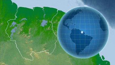 Surinam. Zoom haritasına karşı ülkenin şekline sahip bir dünya. renk fiziksel haritası