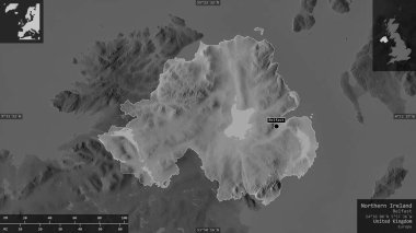 Kuzey İrlanda, Birleşik Krallık bölgesi. Gölleri ve nehirleri olan gri tonlu bir harita. Ülke alanına karşı bilgilendirici örtülerle sunulan şekil. 3B görüntüleme