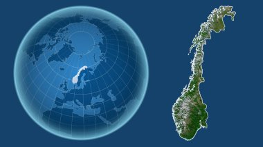 Norveç. Yakınlaştırılmış haritaya karşı ülkenin şekline sahip dünya mavi arka planda izole edilmiş. uydu resimleri