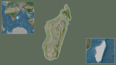 Madagaskar 'a ve bölgedeki konumuna ve geniş çaplı bir dünya haritasının merkezine yakın çekim. Uydu görüntüleri