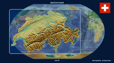 Zoomed-in view of Switzerland outline with perspective lines against a global map in the Kavrayskiy projection. Shape on the left side. color physical map clipart