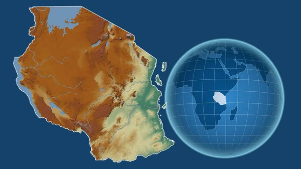 Tanzánia Globe Ország Alakja Ellen Zoomolt Térkép Vázlatát Elszigetelt Kék — Stock Fotó