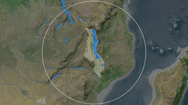 Rozšířená Oblast Malawi Obklopená Kruhem Pozadí Jeho Okolí Satelitní Snímky — Stock fotografie