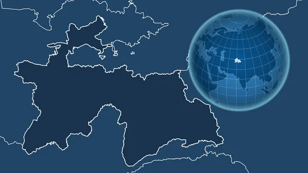 Tajiquistão Globo Com Forma País Contra Mapa Ampliado Com Seu — Fotografia de Stock