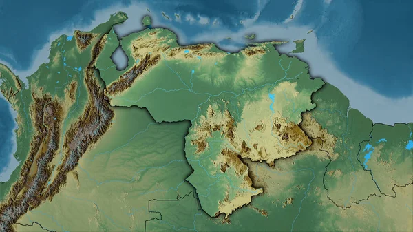 Venezuela area on the topographic relief map in the stereographic projection - raw composition of raster layers with dark glowing outline