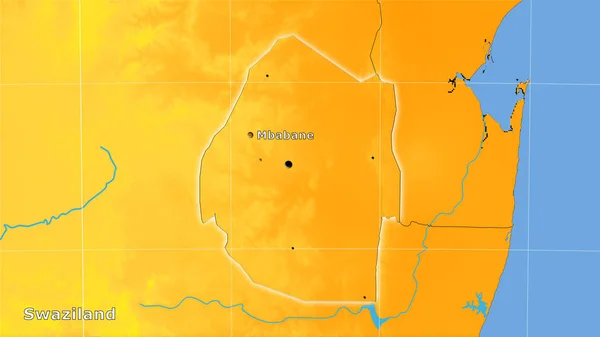 立体投影の年間温度マップ上のスワジランド地域 主な組成 — ストック写真