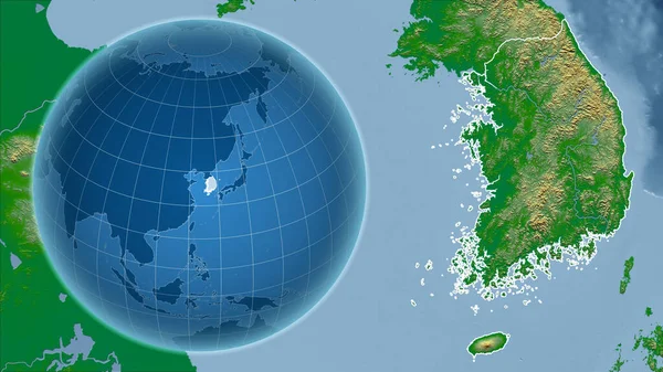 Sydkorea Globe Med Formen Landet Mot Zoomade Kartan Med Dess — Stockfoto