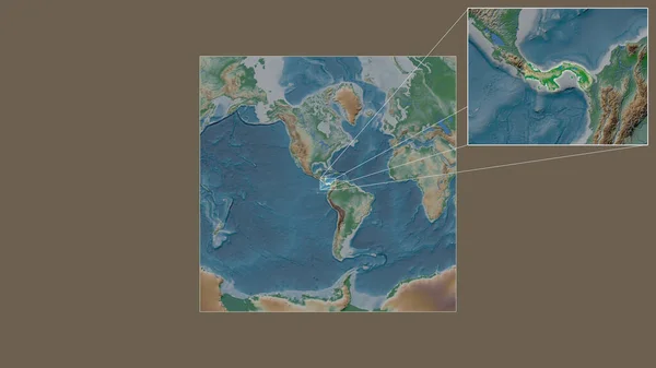 从世界大比例尺地图中提取出的巴拿马扩大和扩大的地区 其主要线连接了框架的各个角落 彩色物理图 — 图库照片